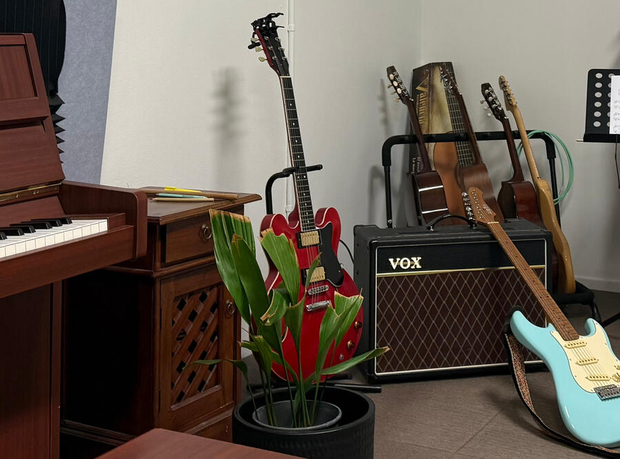 Piano and guitars inside Major Music Studio in Clarkson